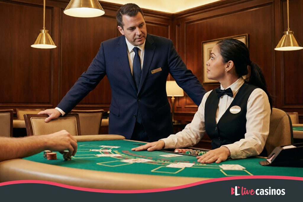 A suited casino floor manager standing behind a blackjack dealer, closely monitoring the action at a high-stakes table.