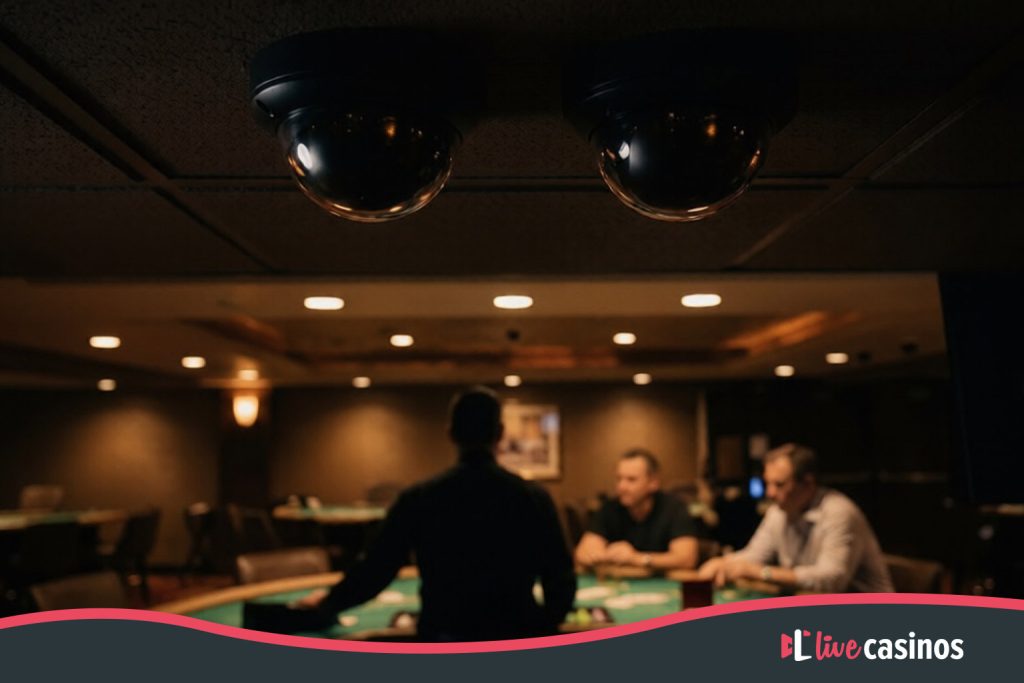 Low-angle view of two black casino surveillance camera domes mounted on a dark ceiling, looking down over a softly blurred high-stakes table, dealer, and players