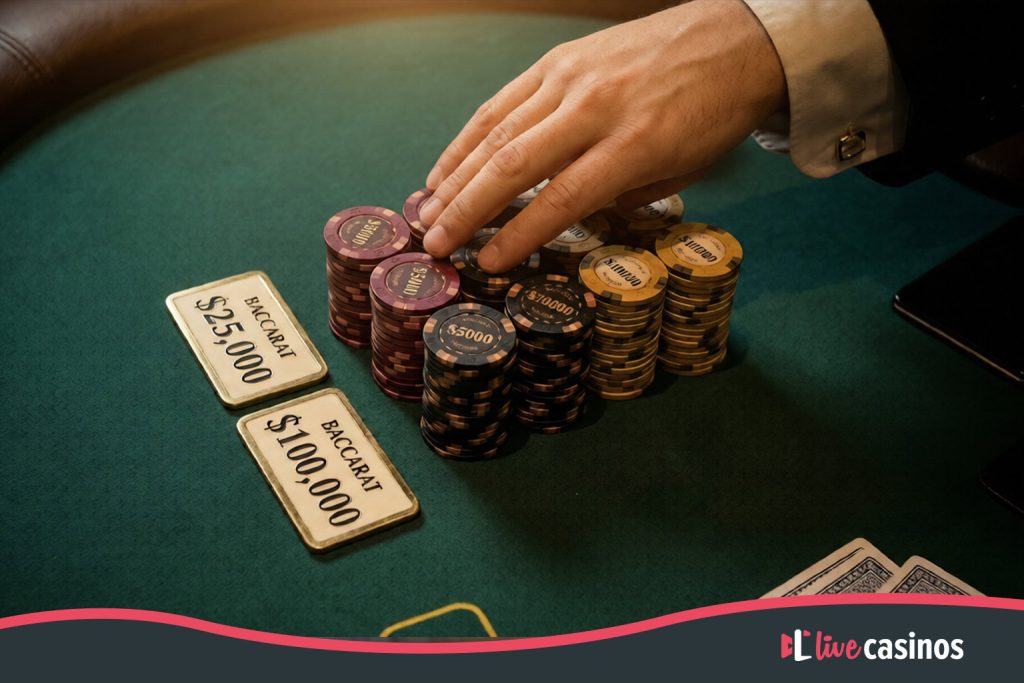 Overhead close-up of a dealer's hand resting near tall stacks of high-value $5,000 and $10,000 casino chips alongside rectangular baccarat plaques on a dark green felt table