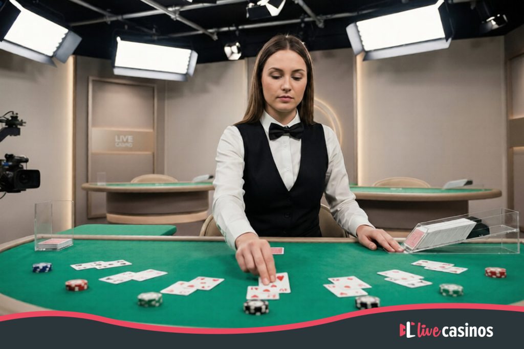 A professional female dealer dealing cards at a plain green blackjack table inside a bright, modern live casino broadcast studio, with overhead lighting and a camera rig visible