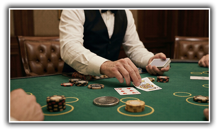 Dealer dealing cards at a high-stakes blackjack table with a visible $10,000 chip in play