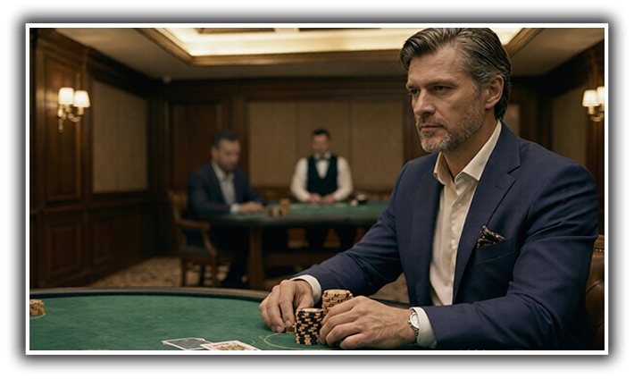 Focused high-stakes blackjack player managing chip stack during a live hand