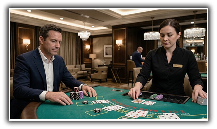 High-stakes blackjack player reviewing chip stack after a completed hand