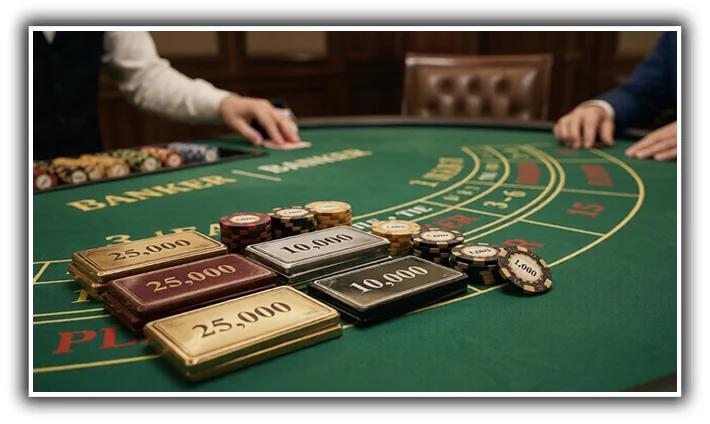 High-value casino chips and plaques on a baccarat table during high-stakes play