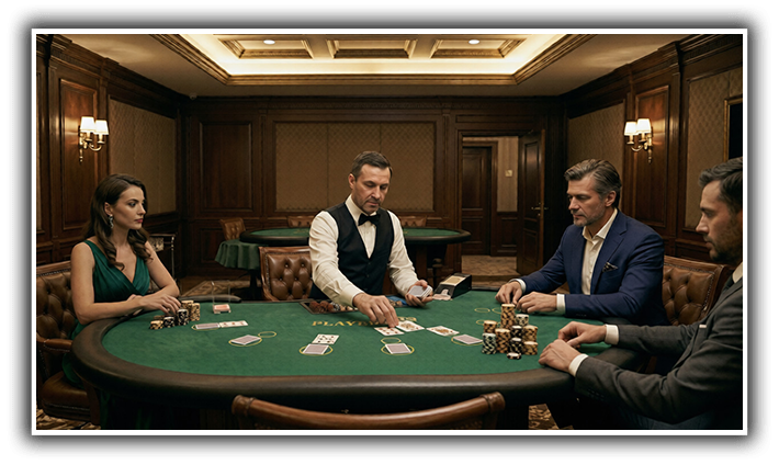 VIP high-limit casino room with players and dealer engaged in a blackjack hand