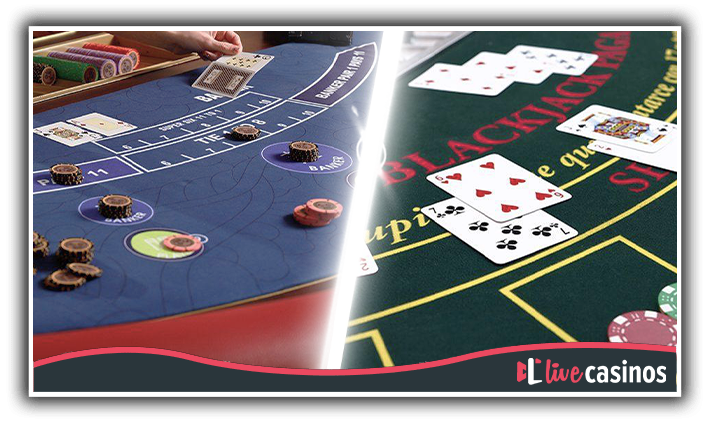 Comparison of baccarat and blackjack tables with cards and chips, highlighting differences in gameplay and betting dynamics