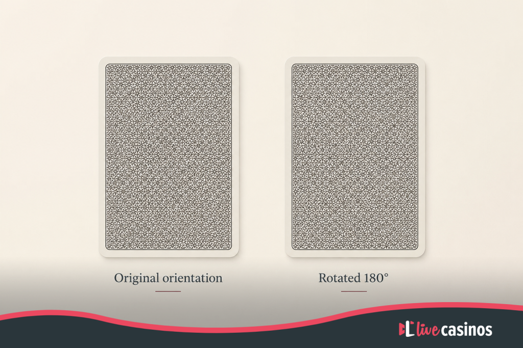 Two playing card backs showing how an asymmetrical repeating edge pattern changes after a 180-degree rotation
